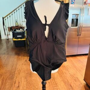 Classic Black One Piece Swimsuit with Ruched V-Neck